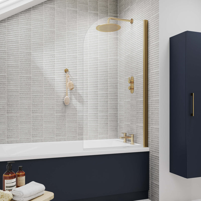 Porto Brushed Brass 6mm Round Hinged Bath Screen - 775mm