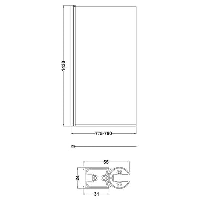 Porto Brushed Brass 6mm Square Hinged Bath Screen - 775mm