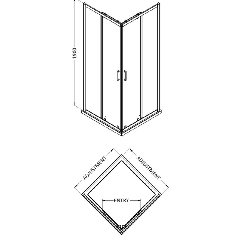 Porto 6mm Corner Entry Shower Enclosure - 900 x 900mm, 1900mm High, Chrome