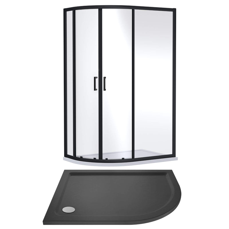 Porto Matt Black 6mm Offset Quadrant Shower Enclosure With Slate Effect Stone Resin Tray & Waste