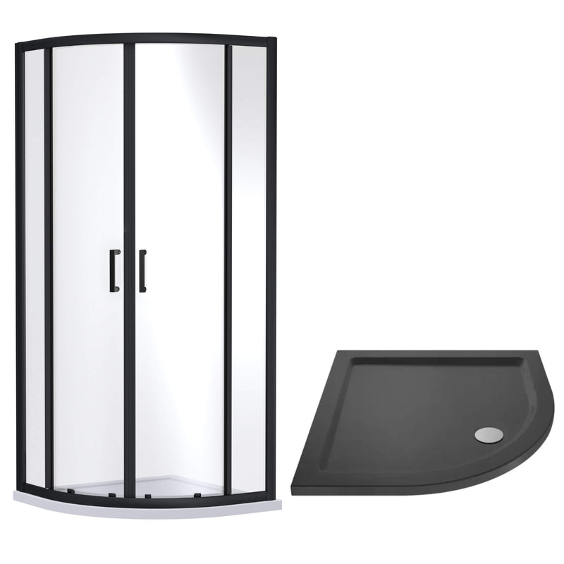 Porto Matt Black 6mm Quadrant Shower Enclosure With Slate Effect Stone Resin Tray & Waste