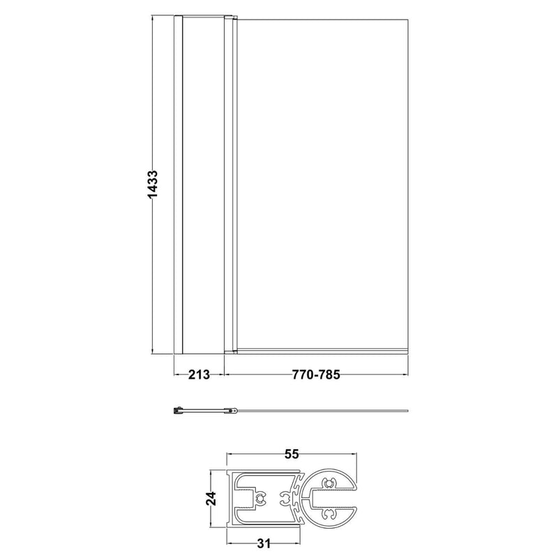 Porto Square Hinged 6mm Bath Screen With Fixed Panel 1005mm