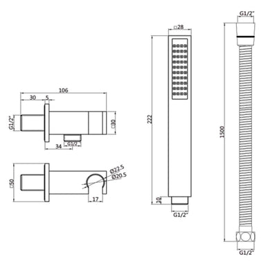 Lux Concealed Shower Handset Kit - Dimensions