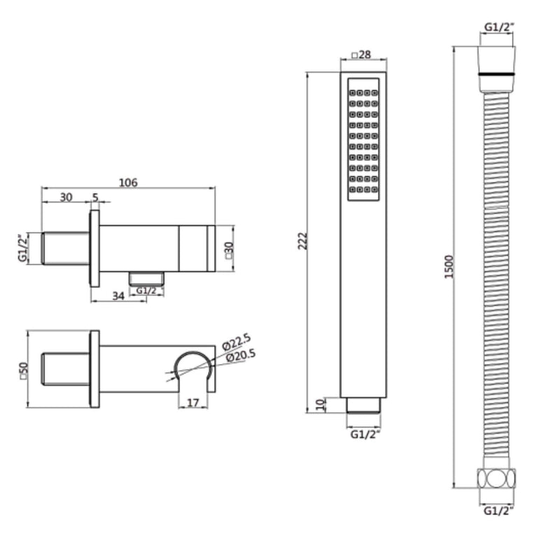 Lux Concealed Shower Handset Kit - Dimensions