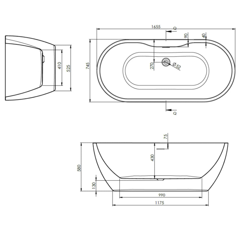 Senna Freestanding Bath 1655 x 745mm - White