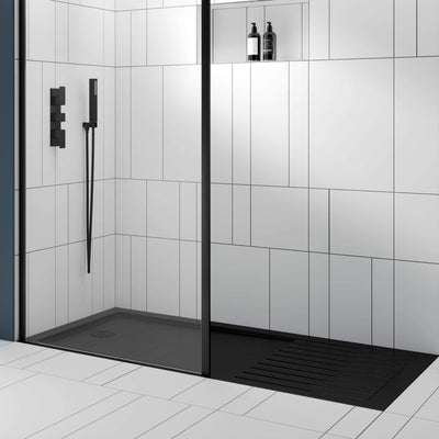 Slate effect walk in shower tray with matt black brassware