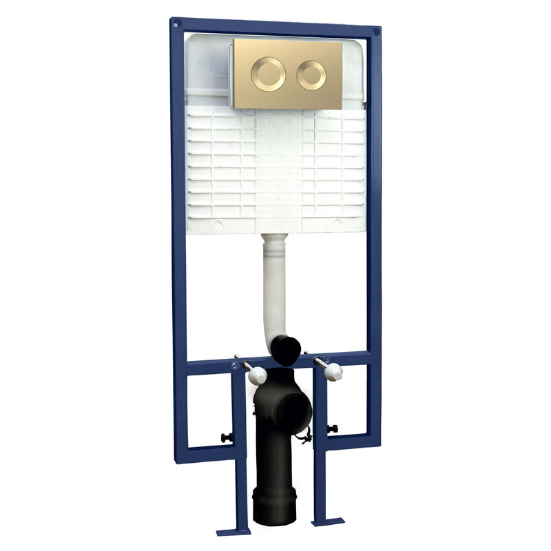 Standard Height Wall Hung WC Frame With Round Flush Plate - Brushed Brass