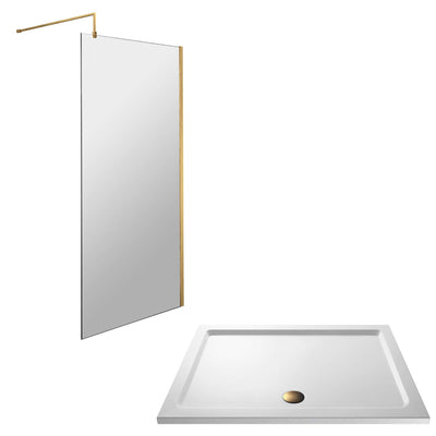 Vista Brushed Brass 1850mm Walk-In Shower Screen with White Stone Resin Tray & Waste Bundle