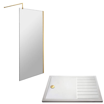 Vista Brushed Brass 1850mm Walk-In Shower Screen with White Walk In Tray & Waste Bundle