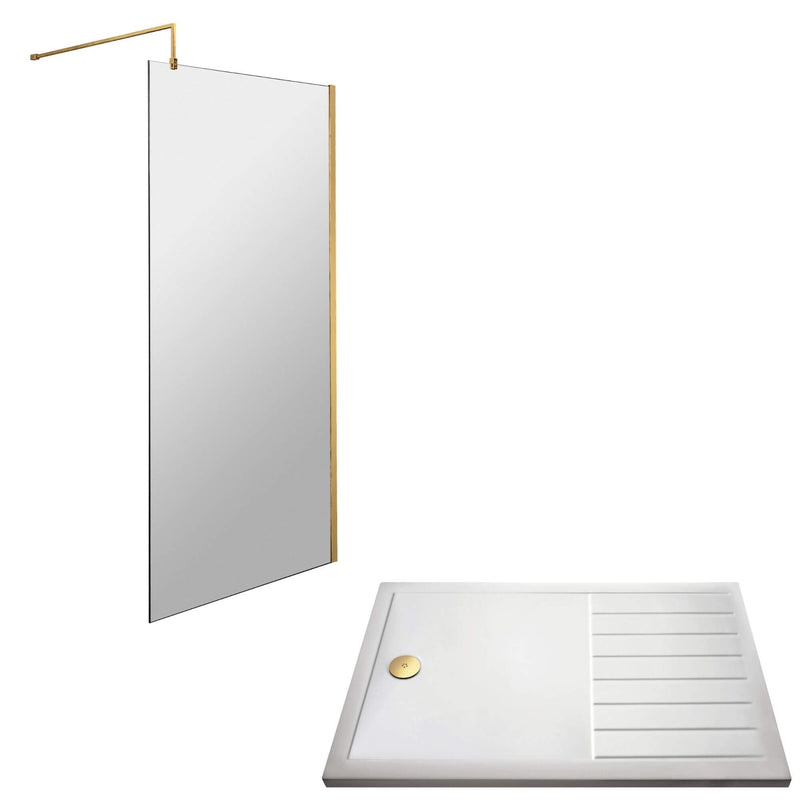 Vista Brushed Brass 1850mm Walk-In Shower Screen with White Walk In Tray & Waste Bundle