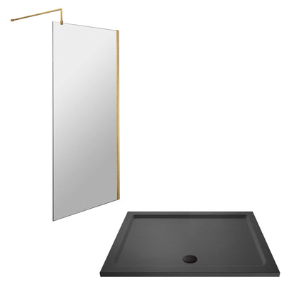 Vista Brushed Brass 1850mm Walk-In Shower Screen with Slate Effect Stone Resin Tray & Waste Bundle