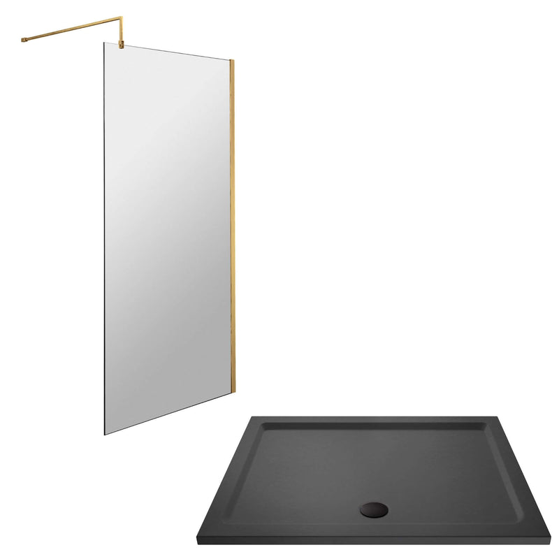 Vista Brushed Brass 1850mm Walk-In Shower Screen with Slate Effect Stone Resin Tray & Waste Bundle