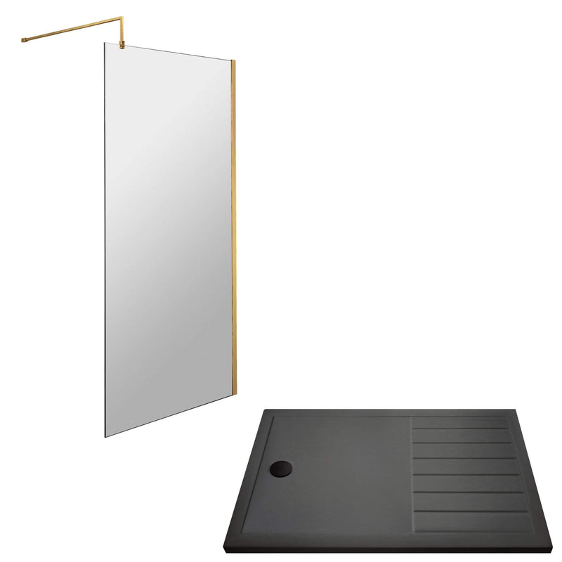 Vista Brushed Brass 1850mm Walk-In Shower Screen with Slate Effect Walk In Tray & Waste Bundle