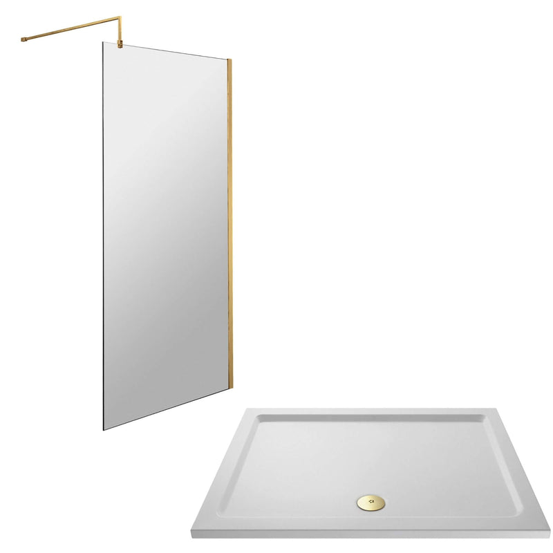 Vista Brushed Brass 1850mm Walk-In Shower Screen with Slip-Resistant Matt White Stone Resin Tray & Waste Bundle