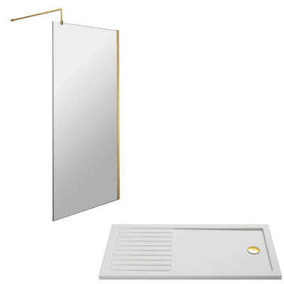 Vista Brushed Brass 1850mm Walk-In Shower Screen with Slip-Resistant Walk In Tray & Waste Bundle