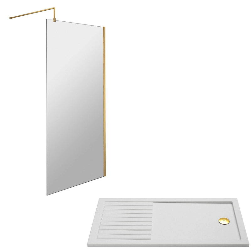 Vista Brushed Brass 1850mm Walk-In Shower Screen with Slip-Resistant Walk In Tray & Waste Bundle