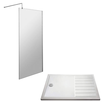 Vista Chrome 1850mm Walk-In Shower Screen with White Walk In Tray & Waste Bundle