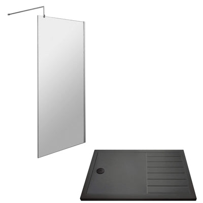 Vista Chrome 1850mm Walk-In Shower Screen with Slate Effect Walk In Tray & Waste Bundle