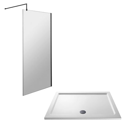 Vista Matt Black 1850mm Walk-In Shower Screen with White Stone Resin Tray & Waste Bundle