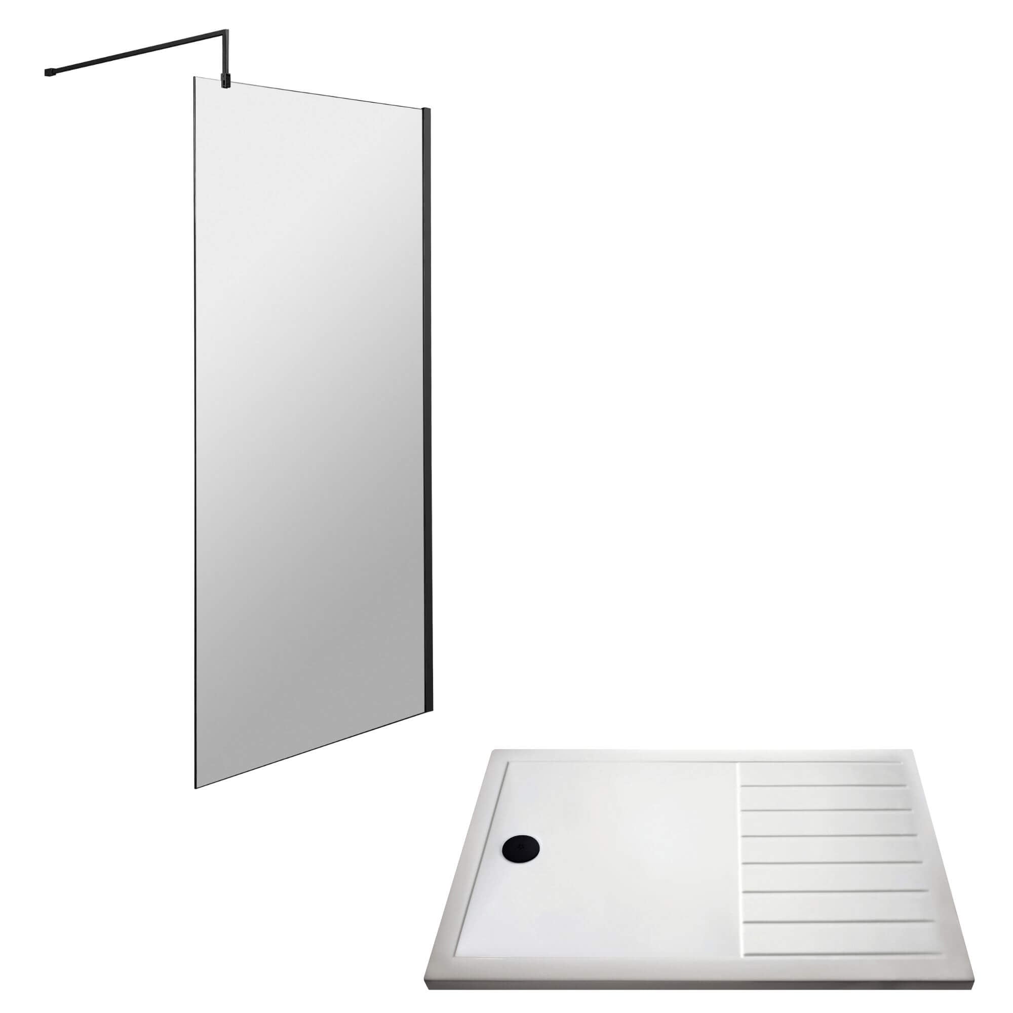 Vista 8mm Matt Black 1850mm Walk-In Shower Screen with White Walk In T ...