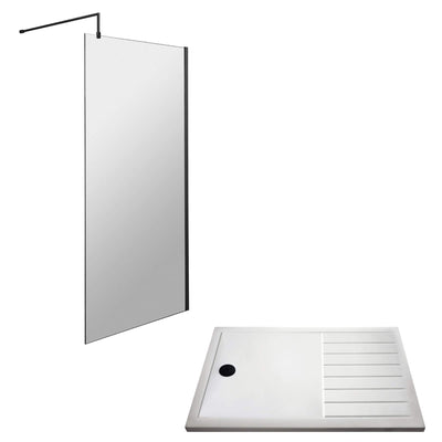 Vista Matt Black 1850mm Walk-In Shower Screen with White Walk In Tray & Waste Bundle