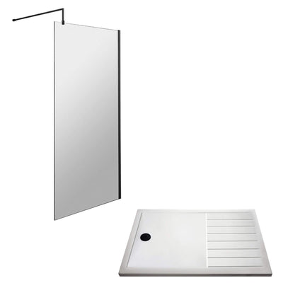 Vista Matt Black 1850mm Walk-In Shower Screen with White Walk In Tray & Waste Bundle