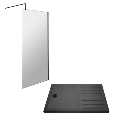 Vista Matt Black 1850mm Walk-In Shower Screen with Slate Effect Walk In Tray & Waste Bundle
