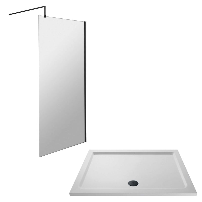 Vista Matt Black 1850mm Walk-In Shower Screen with Slip-Resistant Matt White Stone Resin Tray & Waste Bundle