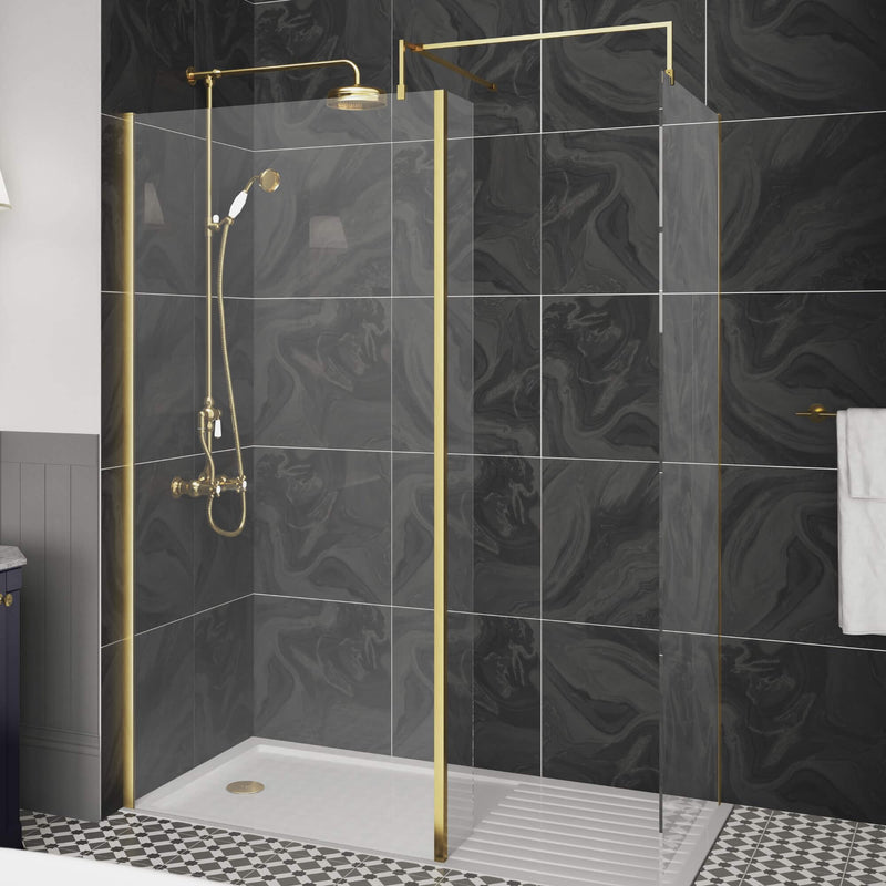 Vista Brushed Brass walk in shower screen with fixed deflector panel and separate return panel