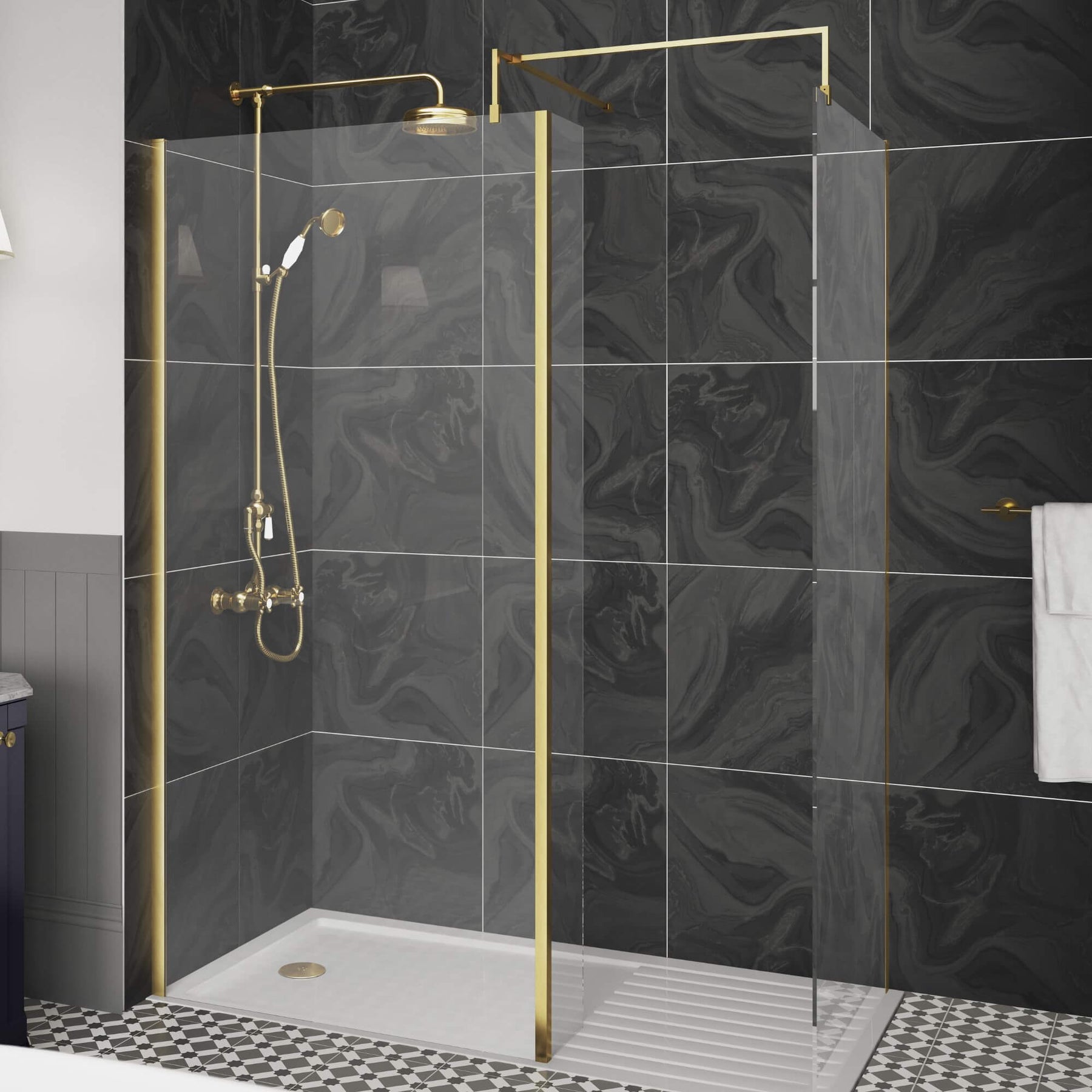 Vista 8mm Brushed Brass 1950mm Walk-In Shower Screen with Slip-Resista ...