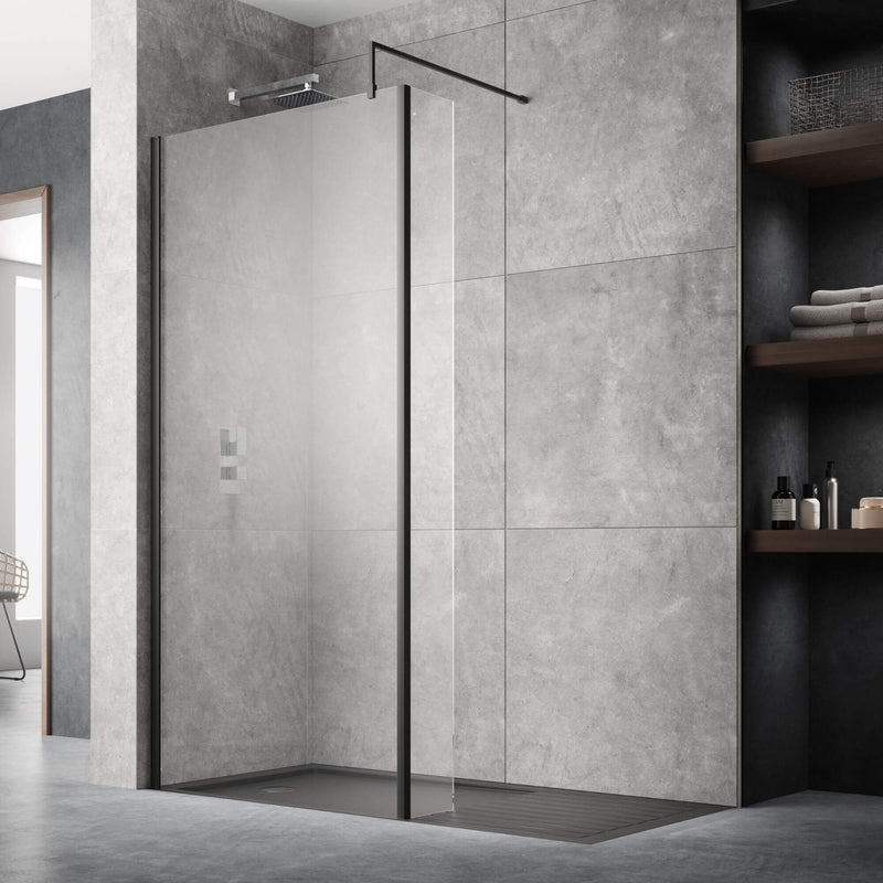 Vista Matt Black walk in shower screen with optional fixed return panel and slate effect walk in shower tray