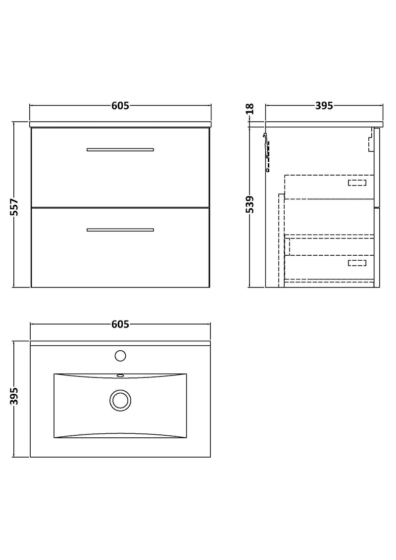 Lana 600mm Wall Hung 2 Drawer Vanity Unit & Basin - Gloss White