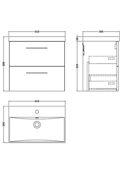 Lana 600mm Wall Hung 2 Drawer Vanity Unit & Basin - Gloss White