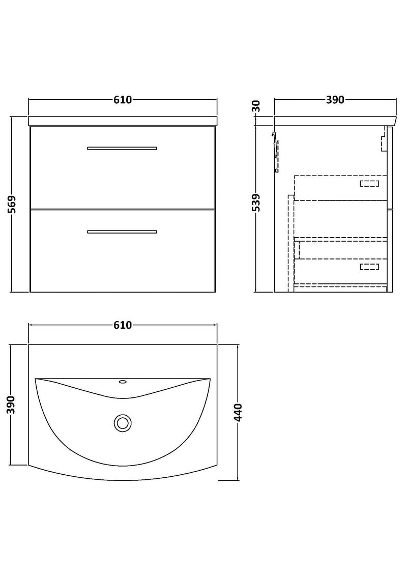 Lana 600mm Wall Hung 2 Drawer Vanity Unit & Basin - Gloss White