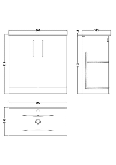 Lana 800mm Floor Standing 2 Door Vanity Unit & Basin - Satin Soft Black