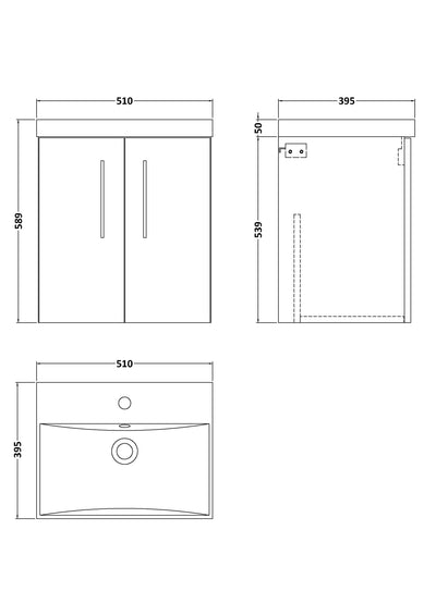 Lana 500mm Wall Hung 2 Door Vanity Unit & Basin - Satin Soft Black