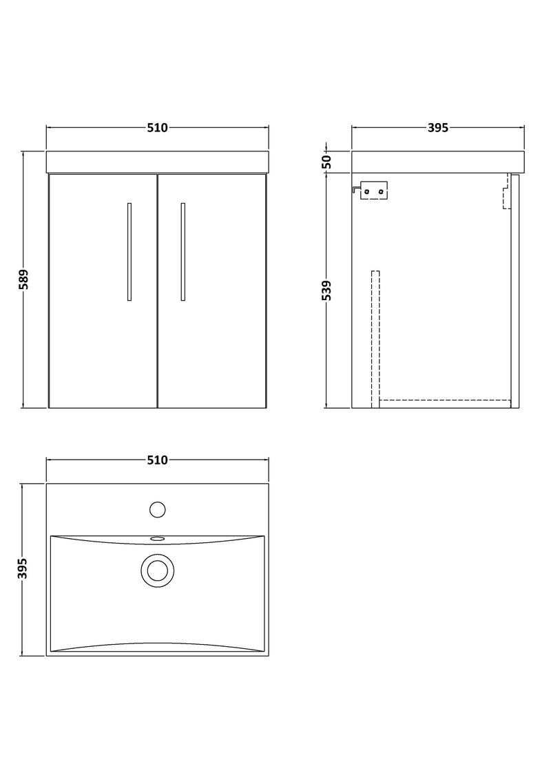 Lana 500mm Wall Hung 2 Door Vanity Unit & Basin - Satin Soft Black