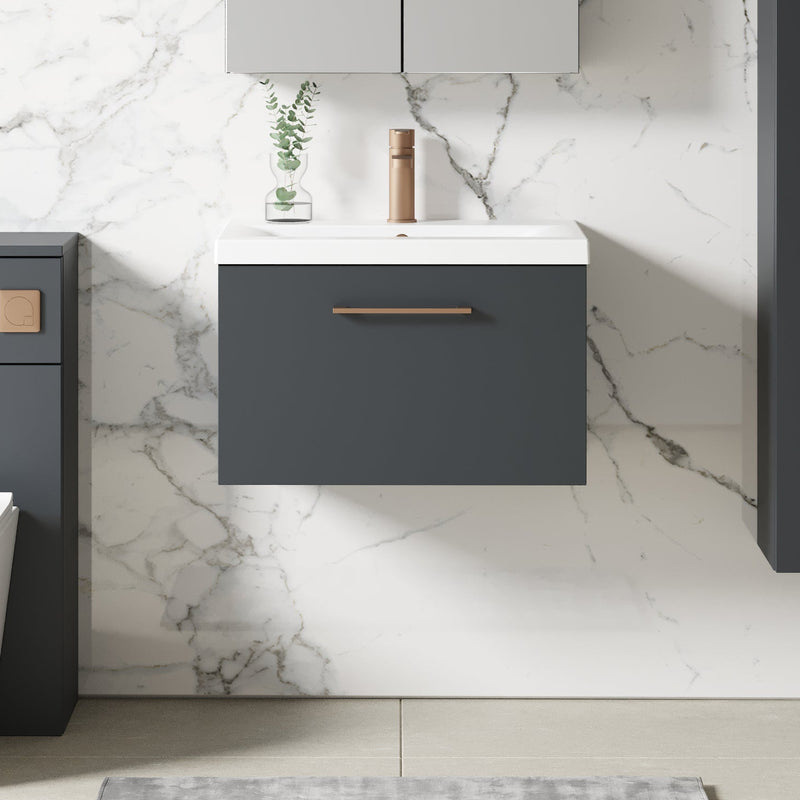 Lana 600mm Wall Hung 1 Drawer Vanity Unit & Basin - Satin Soft Black