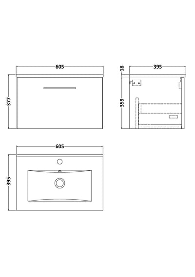 Lana 600mm Wall Hung 1 Drawer Vanity Unit & Basin - Satin Soft Black