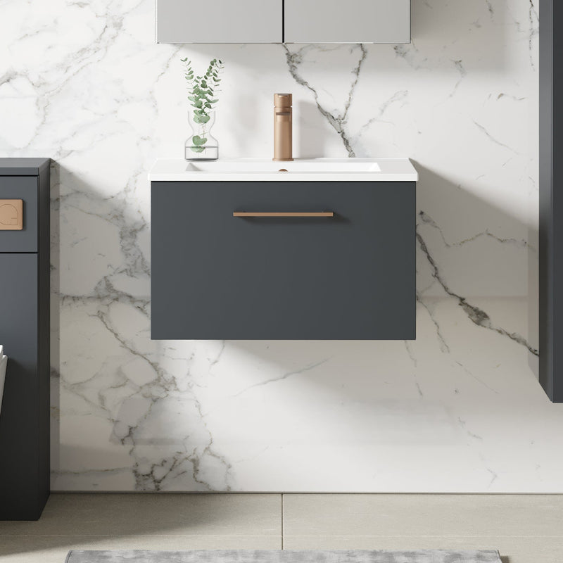 Lana 600mm Wall Hung 1 Drawer Vanity Unit & Basin - Satin Soft Black