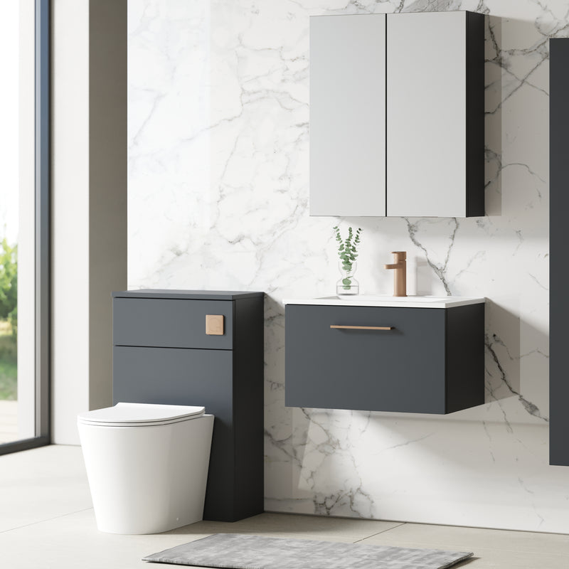 Lana 600mm Wall Hung 1 Drawer Vanity Unit & Basin - Satin Soft Black