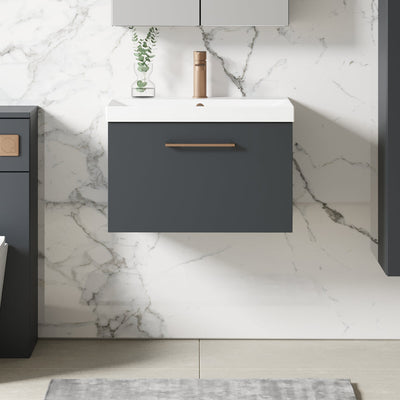 Lana 600mm Wall Hung 1 Drawer Vanity Unit & Basin - Satin Soft Black