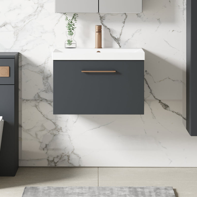 Lana 600mm Wall Hung 1 Drawer Vanity Unit & Basin - Satin Soft Black