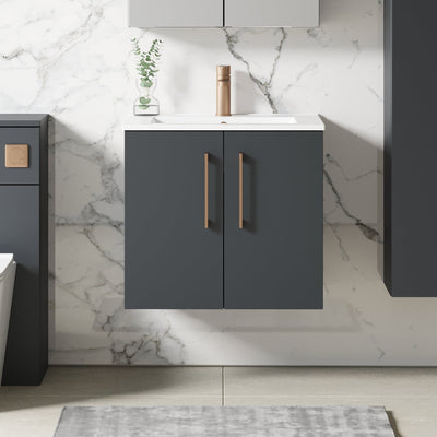 Lana 600mm Wall Hung 2 Door Vanity Unit & Basin - Satin Soft Black