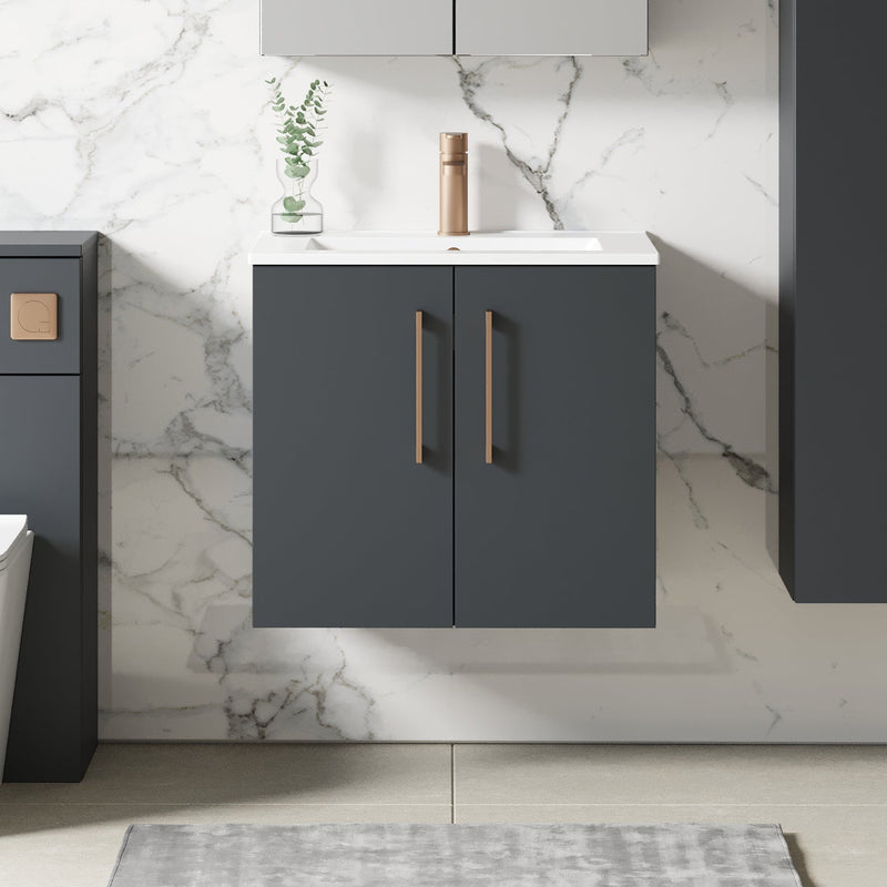 Lana 600mm Wall Hung 2 Door Vanity Unit & Basin - Satin Soft Black