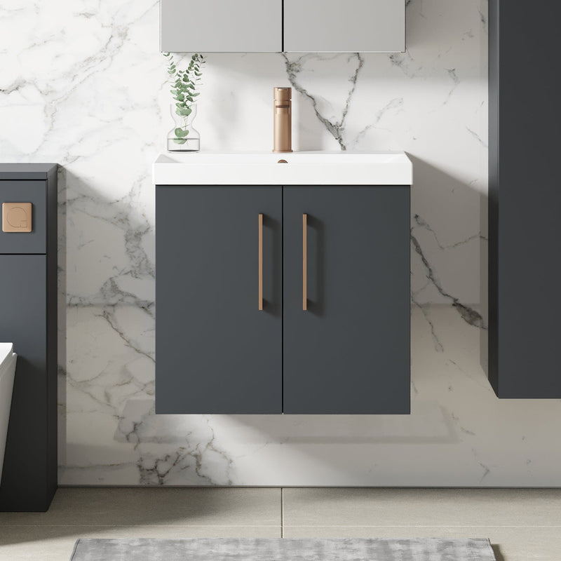 Lana 600mm Wall Hung 2 Door Vanity Unit & Basin - Satin Soft Black