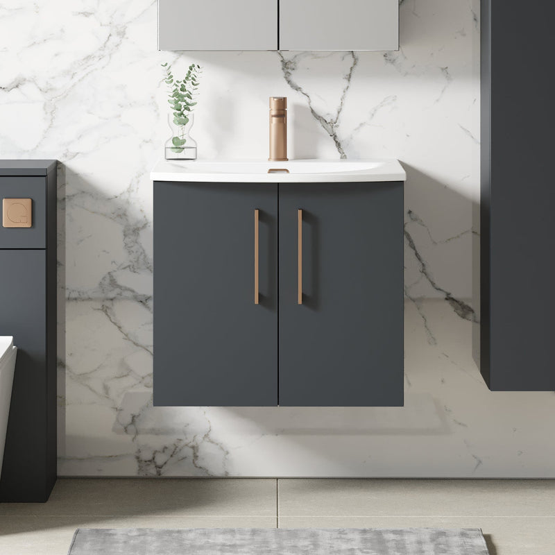 Lana 600mm Wall Hung 2 Door Vanity Unit & Basin - Satin Soft Black