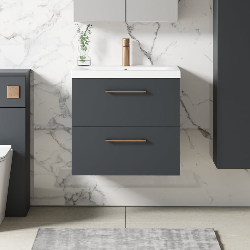 Lana 600mm Wall Hung 2 Drawer Vanity Unit & Basin - Satin Soft Black