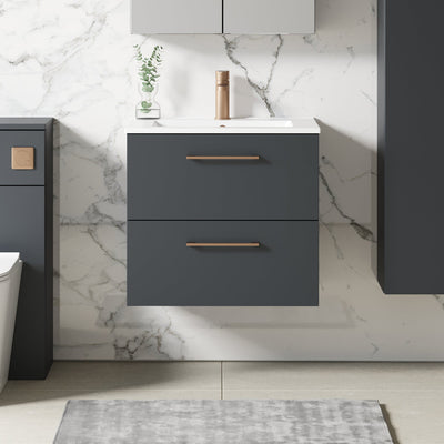 Lana 600mm Wall Hung 2 Drawer Vanity Unit & Basin - Satin Soft Black