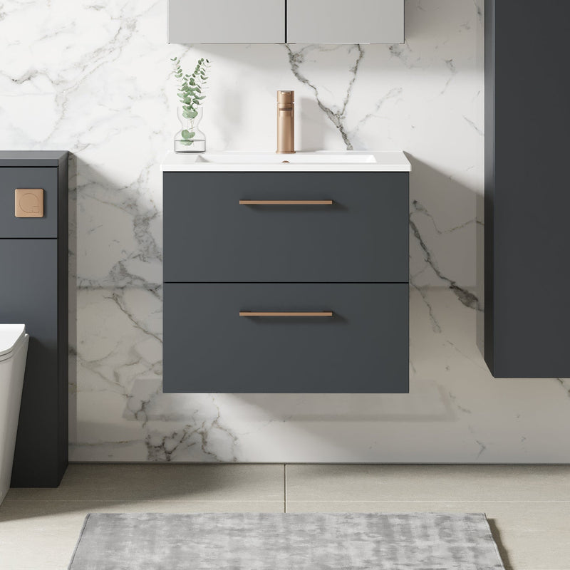 Lana 600mm Wall Hung 2 Drawer Vanity Unit & Basin - Satin Soft Black